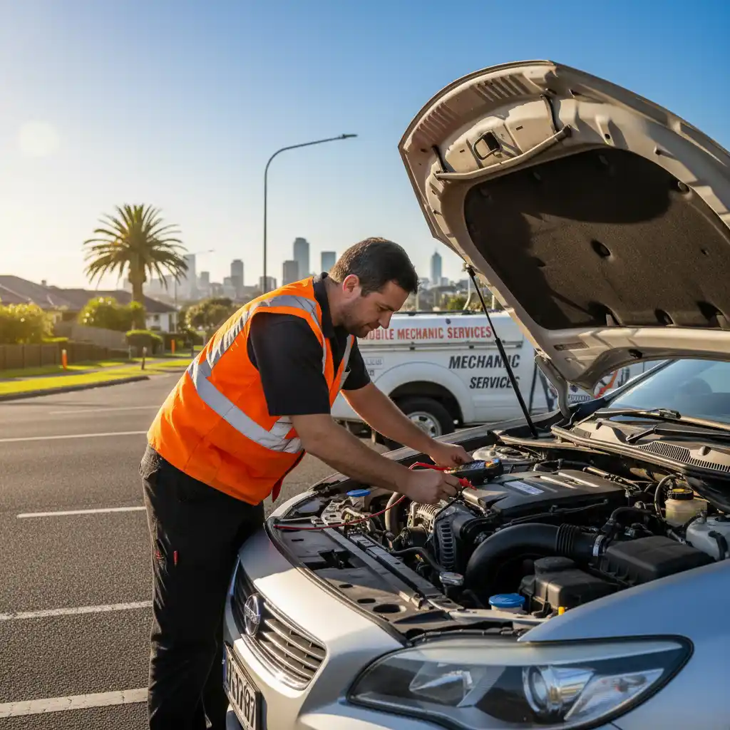 Mobile mechanic testing alternator voltage